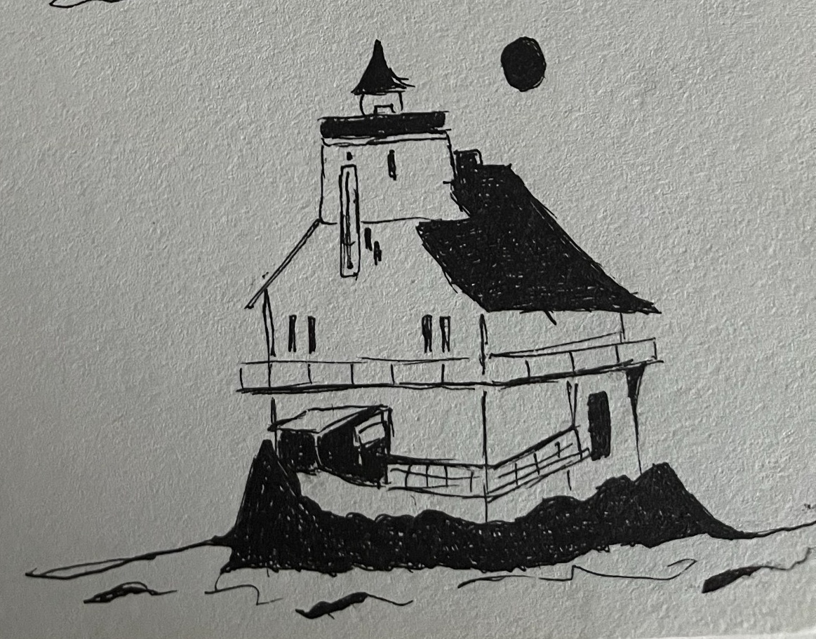 High-contrast ink art of a lighthouse structure under a dark, dramatic moonlit sky.
